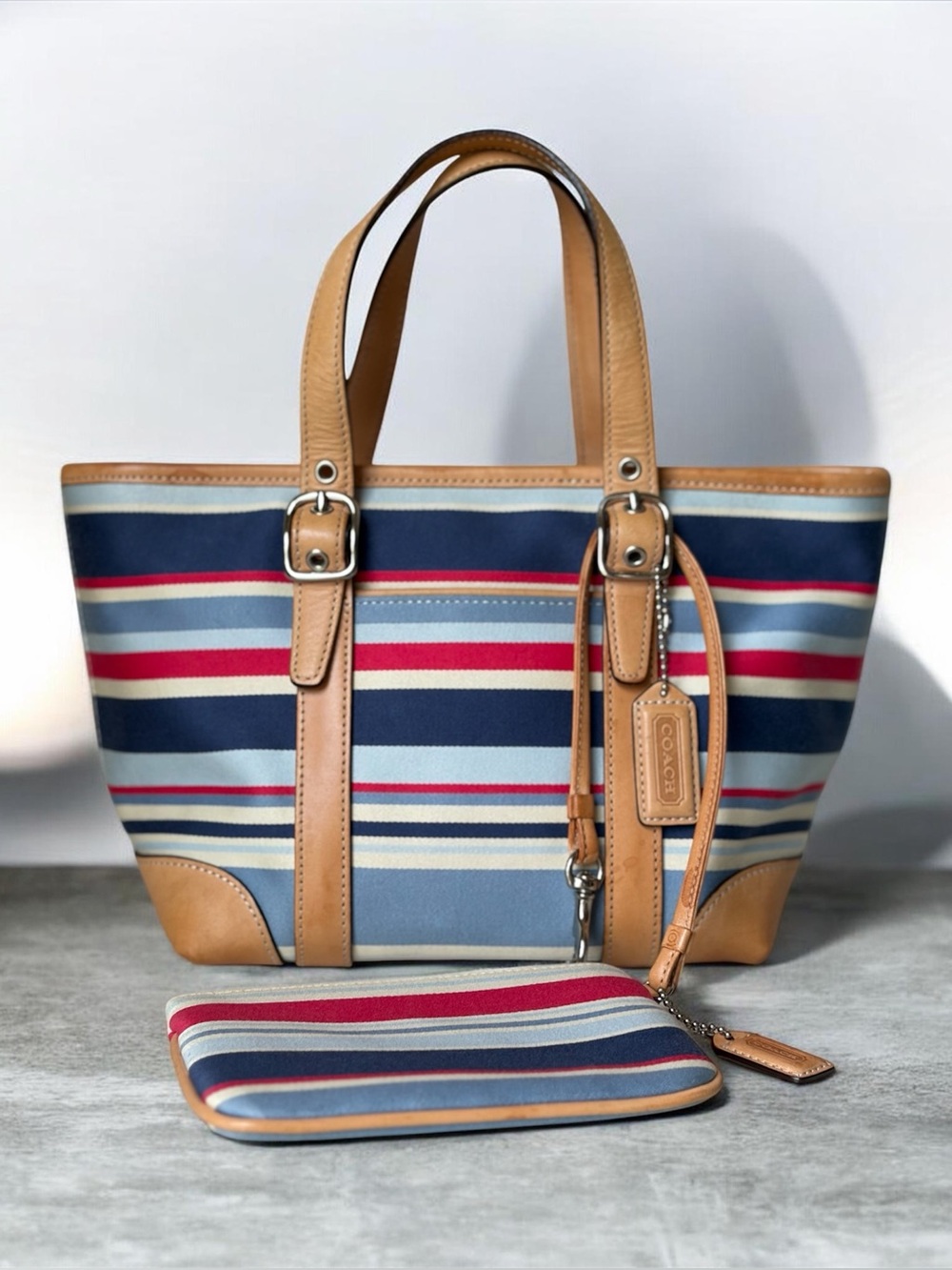 Vintage Coach Hampton Spring Summer Stripe Canvas Small Tote, #7444 and Wristlet
